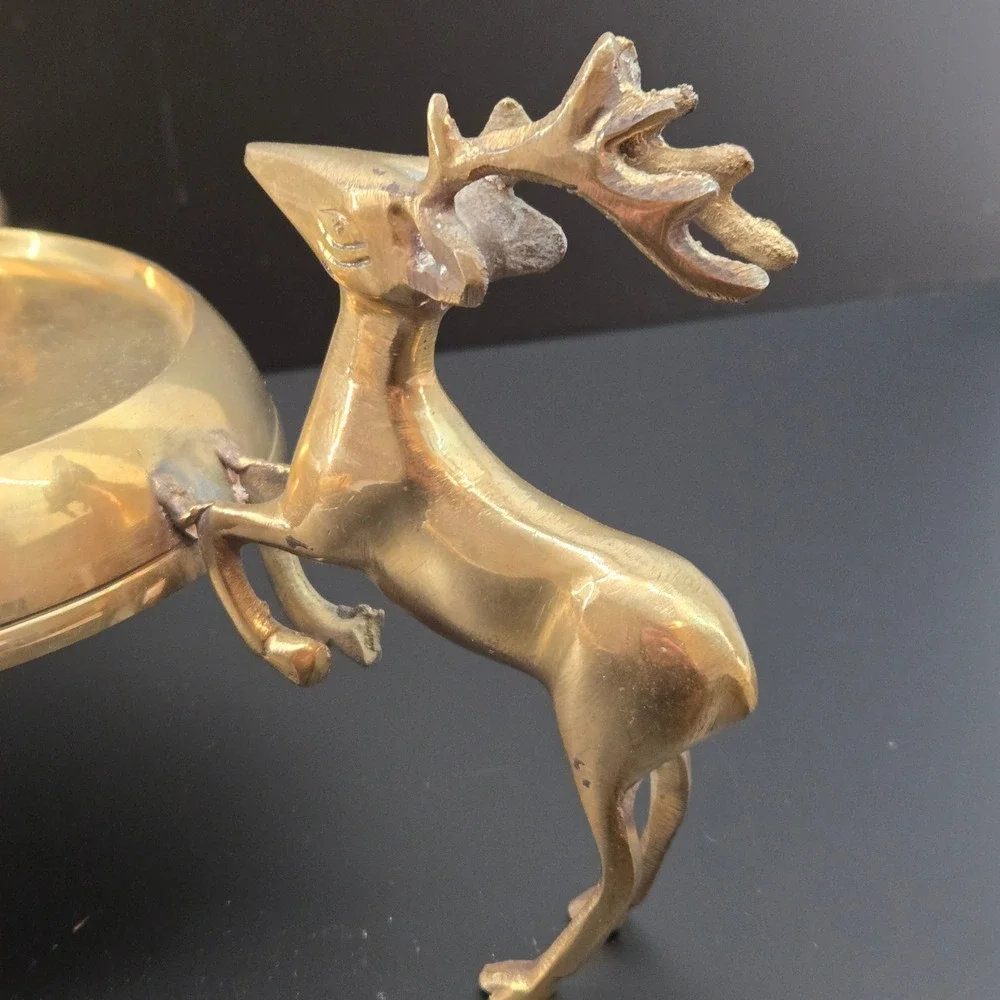 India Exotics Inc Vintage Solid Brass Reindeer Centerpiece Bowl Candle Holder‎